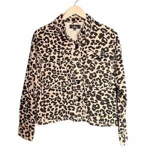 Lulus Fashionably Fierce Beige Leopard Print Denim Jean Jacket Size Small NEW